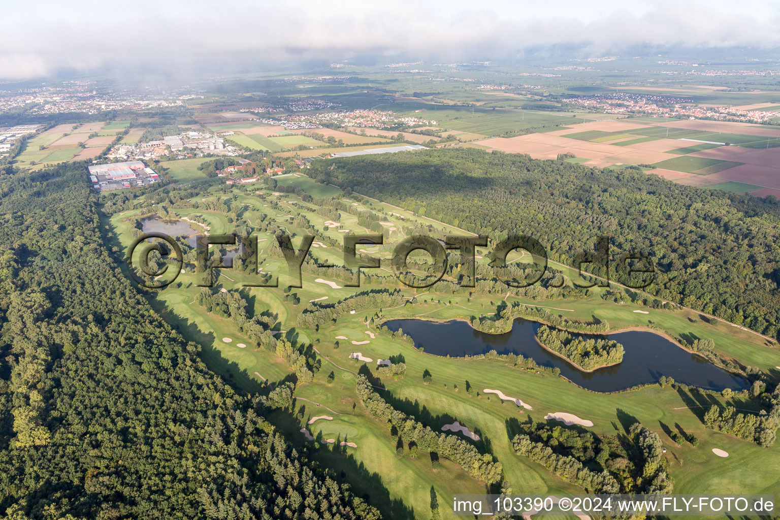 Oblique view of Dreihof golf course in Essingen in the state Rhineland-Palatinate, Germany