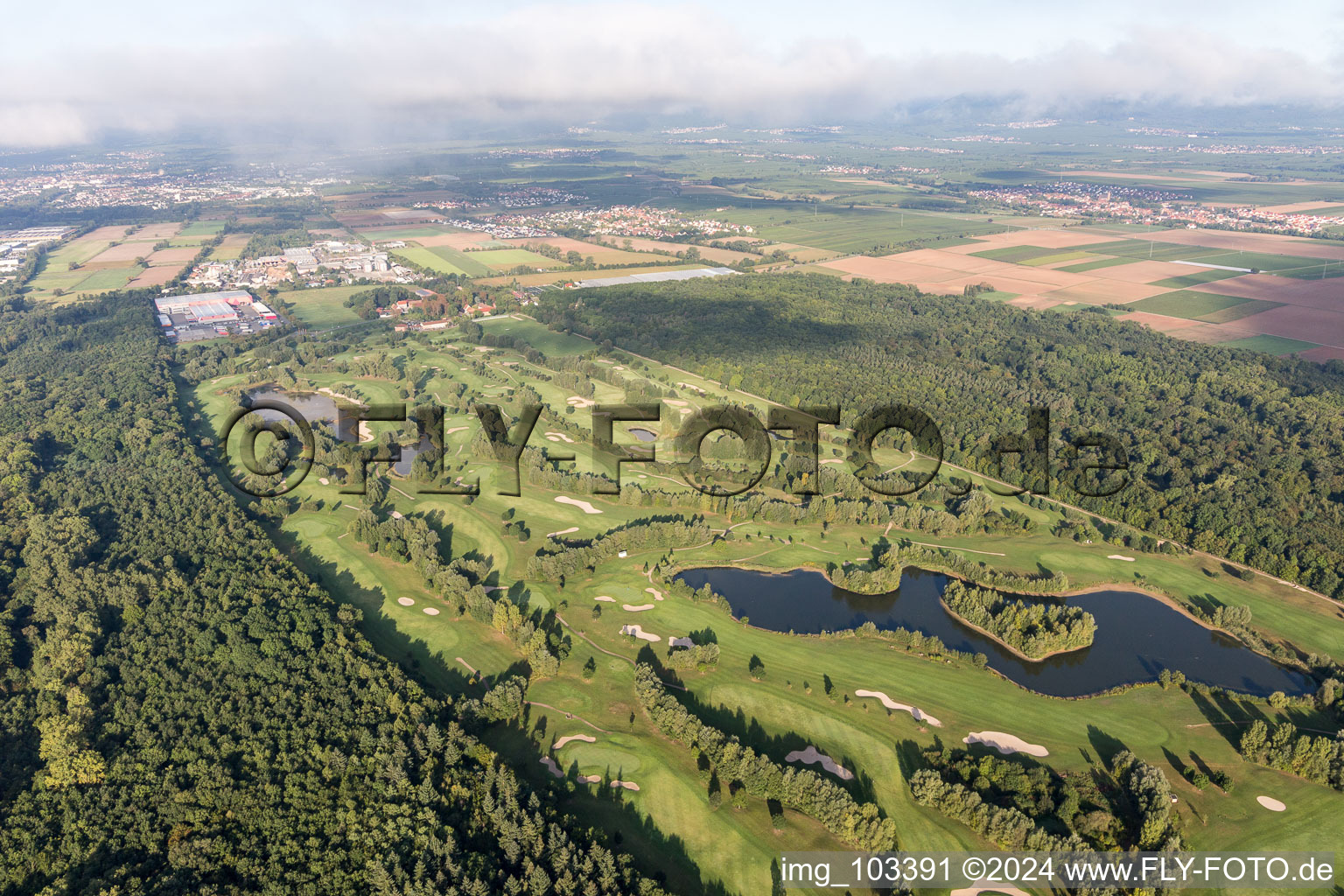 Dreihof Golf Course in Essingen in the state Rhineland-Palatinate, Germany from above