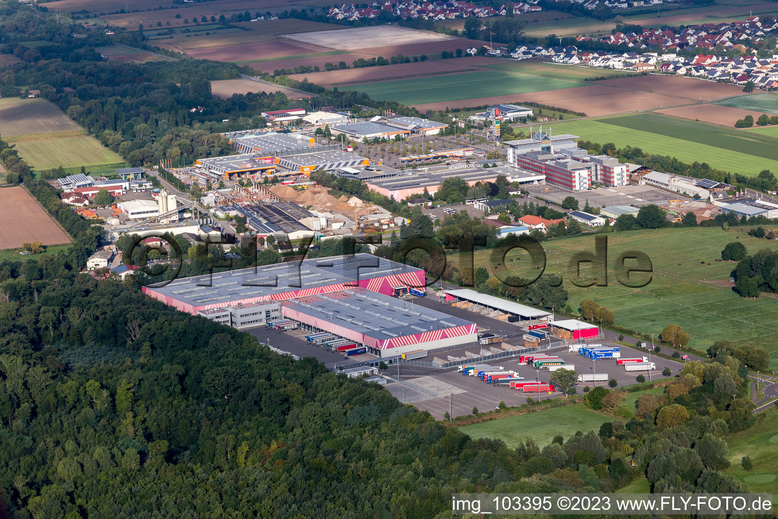 Aerial view of Industrial area in Essingen in the state Rhineland-Palatinate, Germany