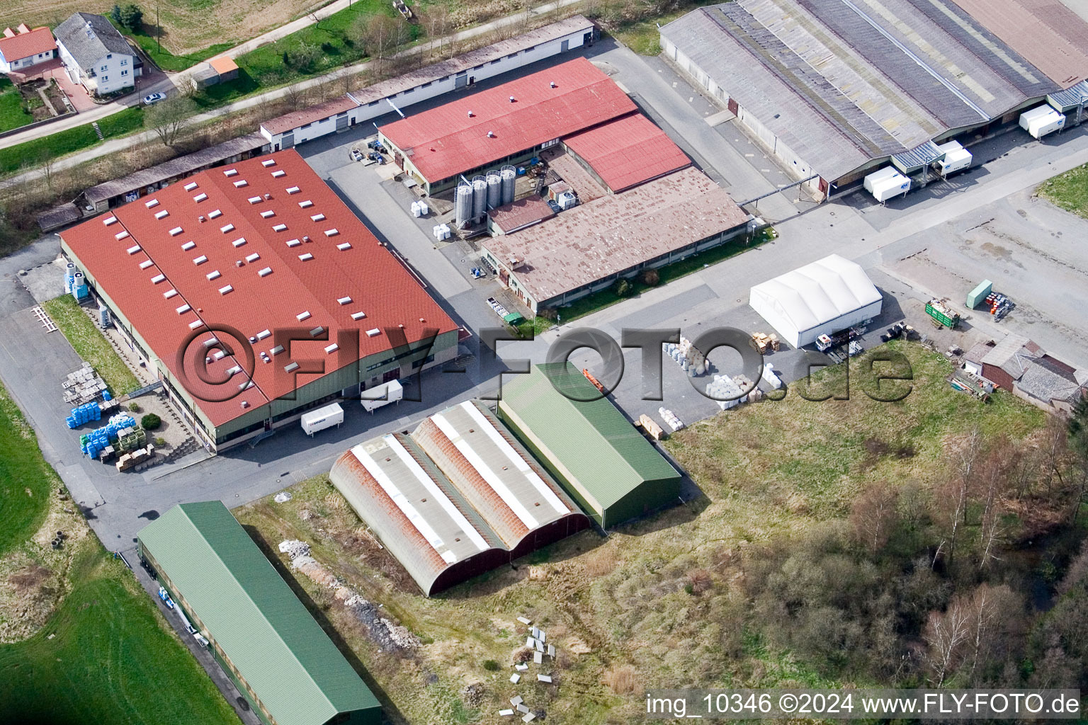 Aerial view of Cortec Plastics Technology GmbH in the district Wahlen in Grasellenbach in the state Hesse, Germany