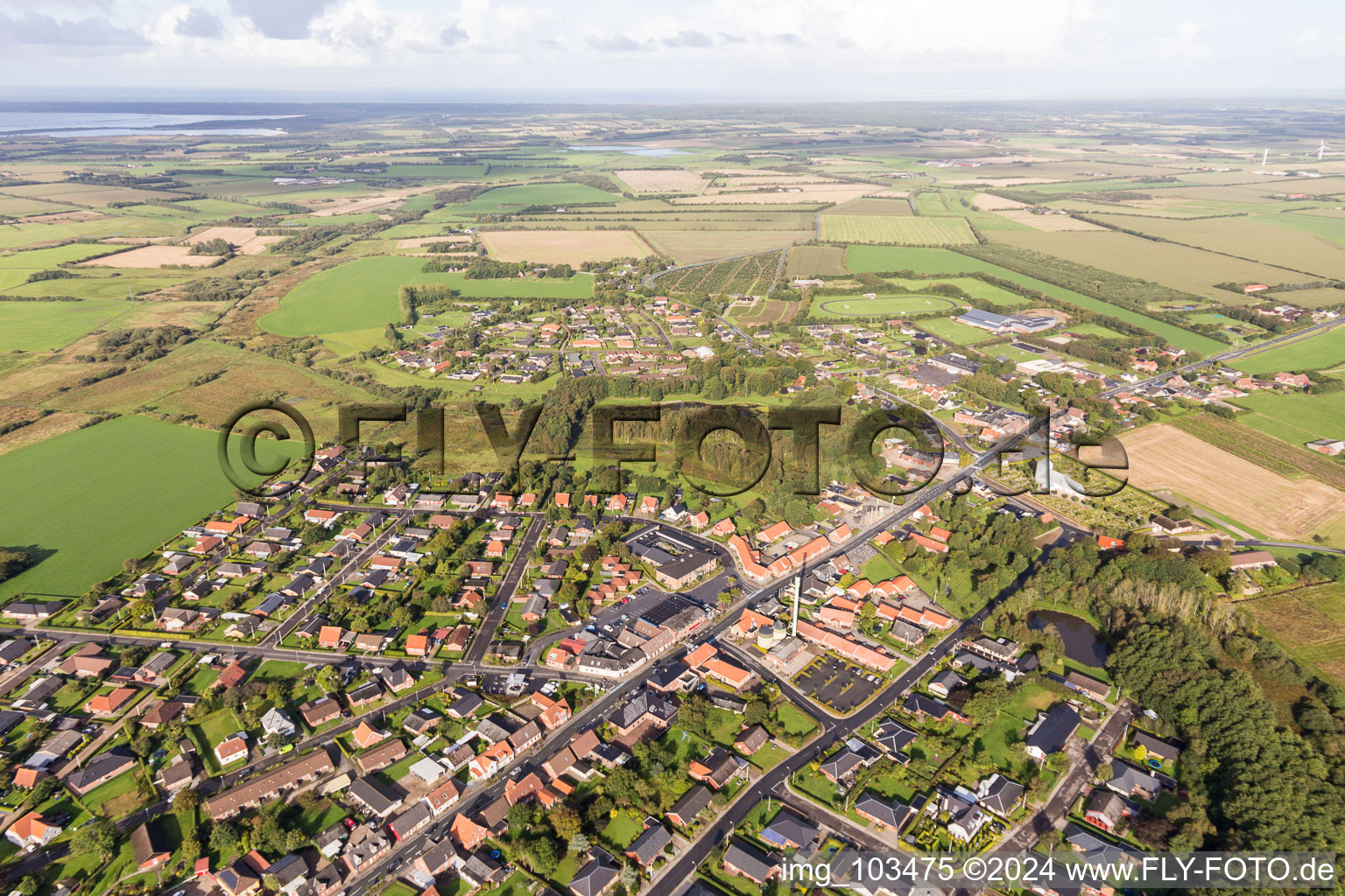 Aerial view of Town View of the streets and houses of the residential areas in Outrup in , Denmark