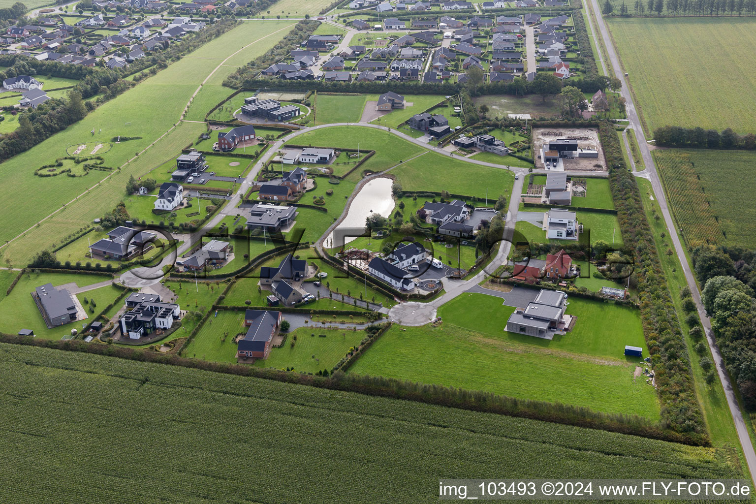 Aerial view of Luxury villas in residential area of single-family settlement in Varde in Juetland, Denmark