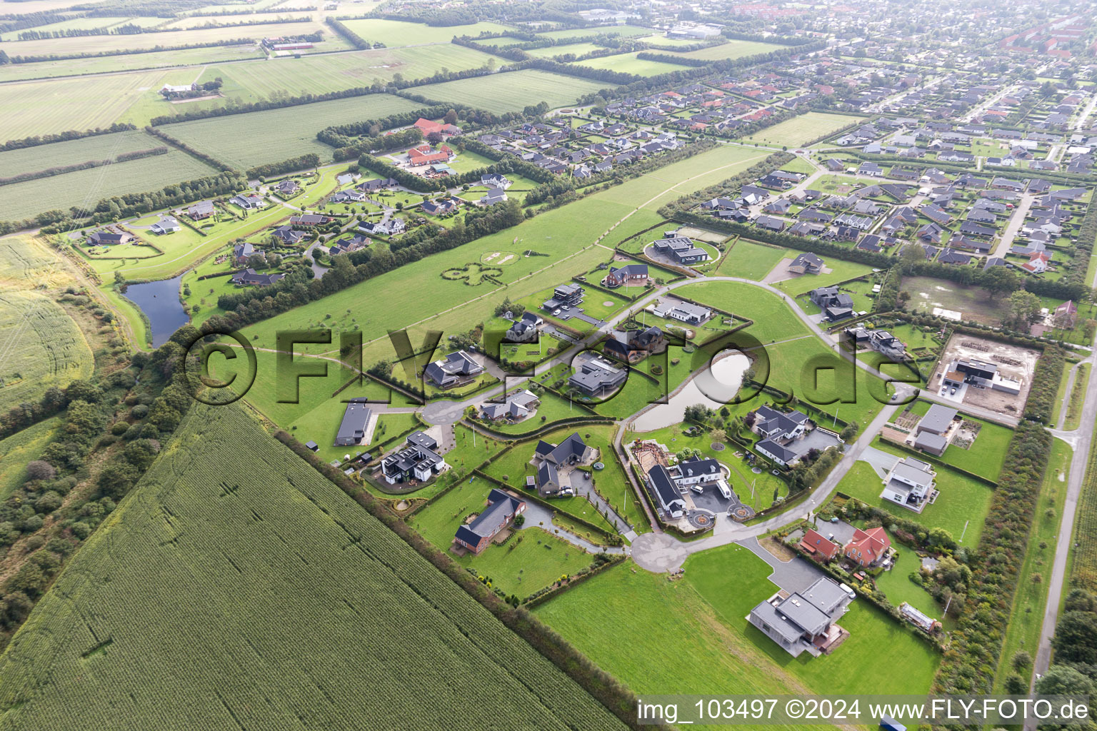 Luxury villas in residential area of single-family settlement in Varde in Juetland, Denmark out of the air