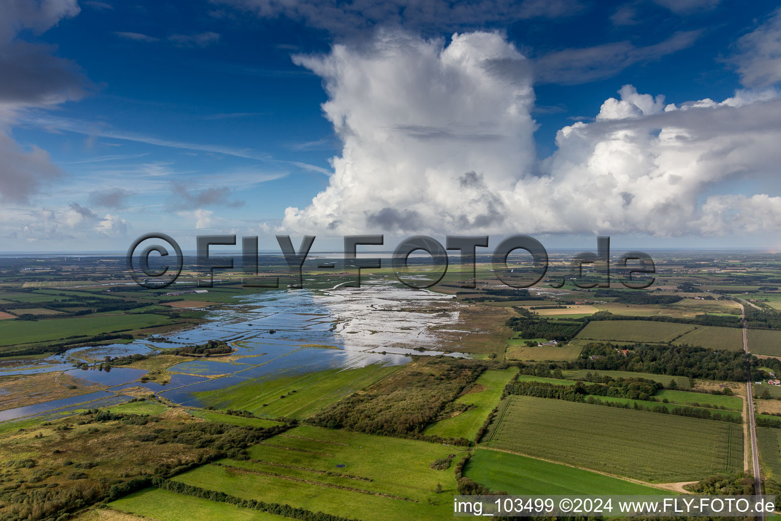 Aerial view of River Delta and estuary of the Varde river into the Ho-bay of the north sea in Varde in Sued, Denmark