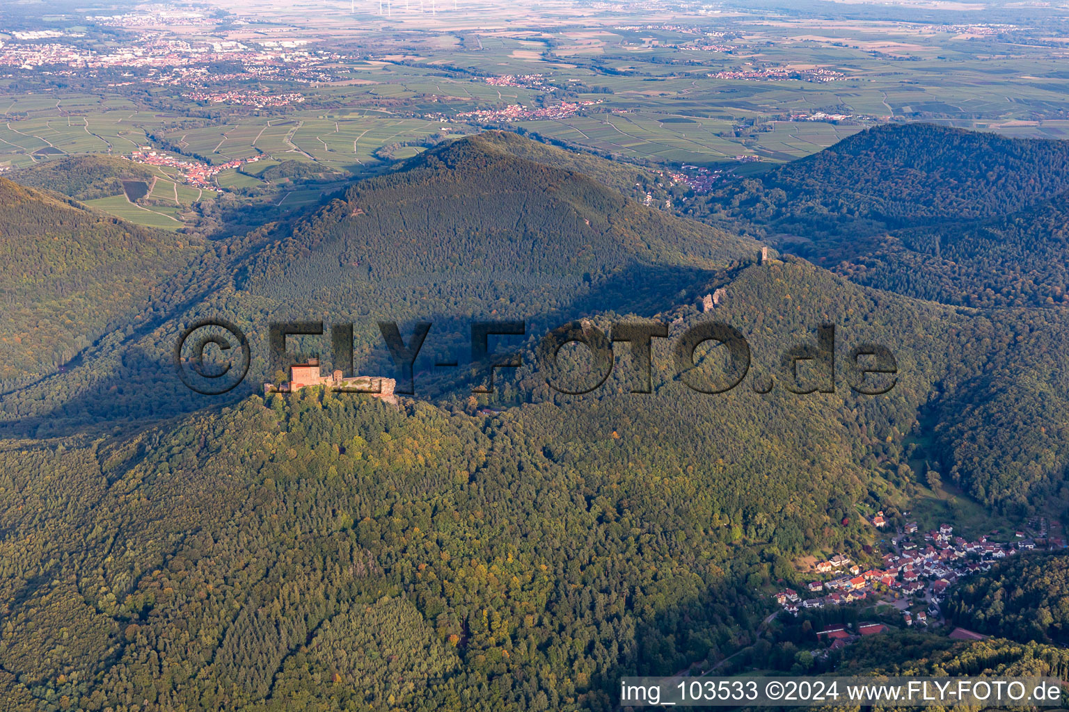 The 4 castles Trifels, Anebos, Jungturm and Münz in Annweiler am Trifels in the state Rhineland-Palatinate, Germany