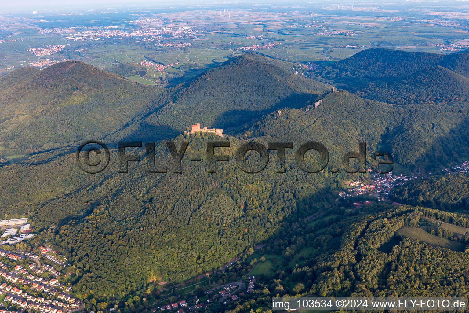 Aerial view of The 4 castles Trifels, Anebos, Jungturm and Münz in Annweiler am Trifels in the state Rhineland-Palatinate, Germany