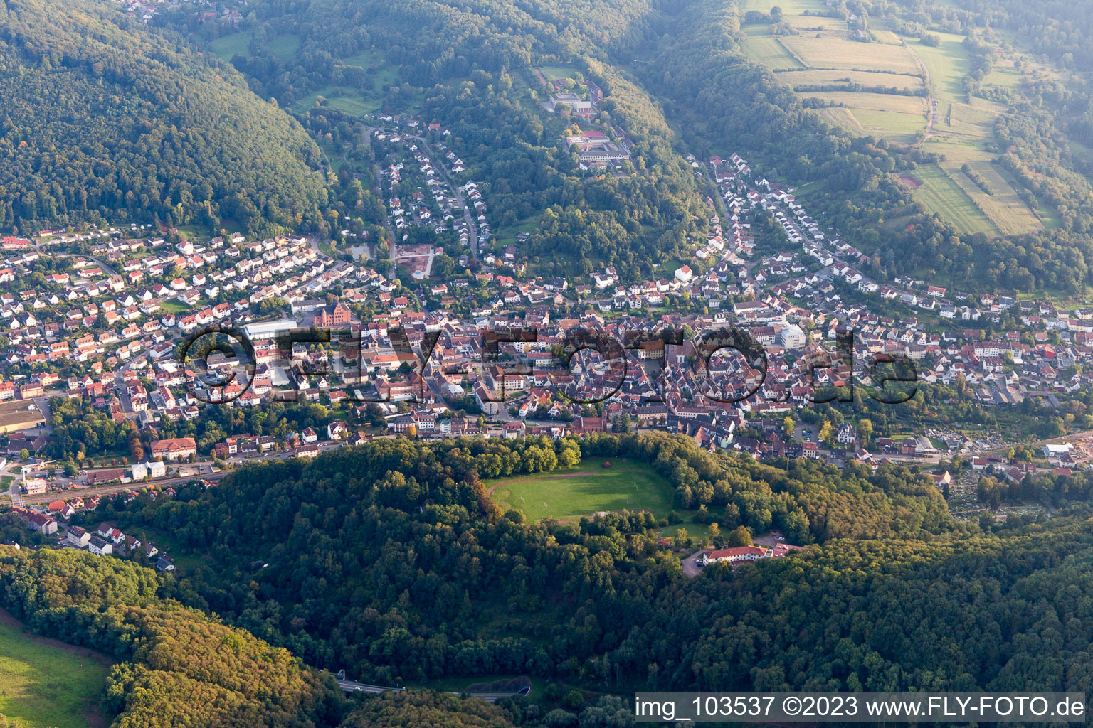 Aerial view of Annweiler from the north in Annweiler am Trifels in the state Rhineland-Palatinate, Germany