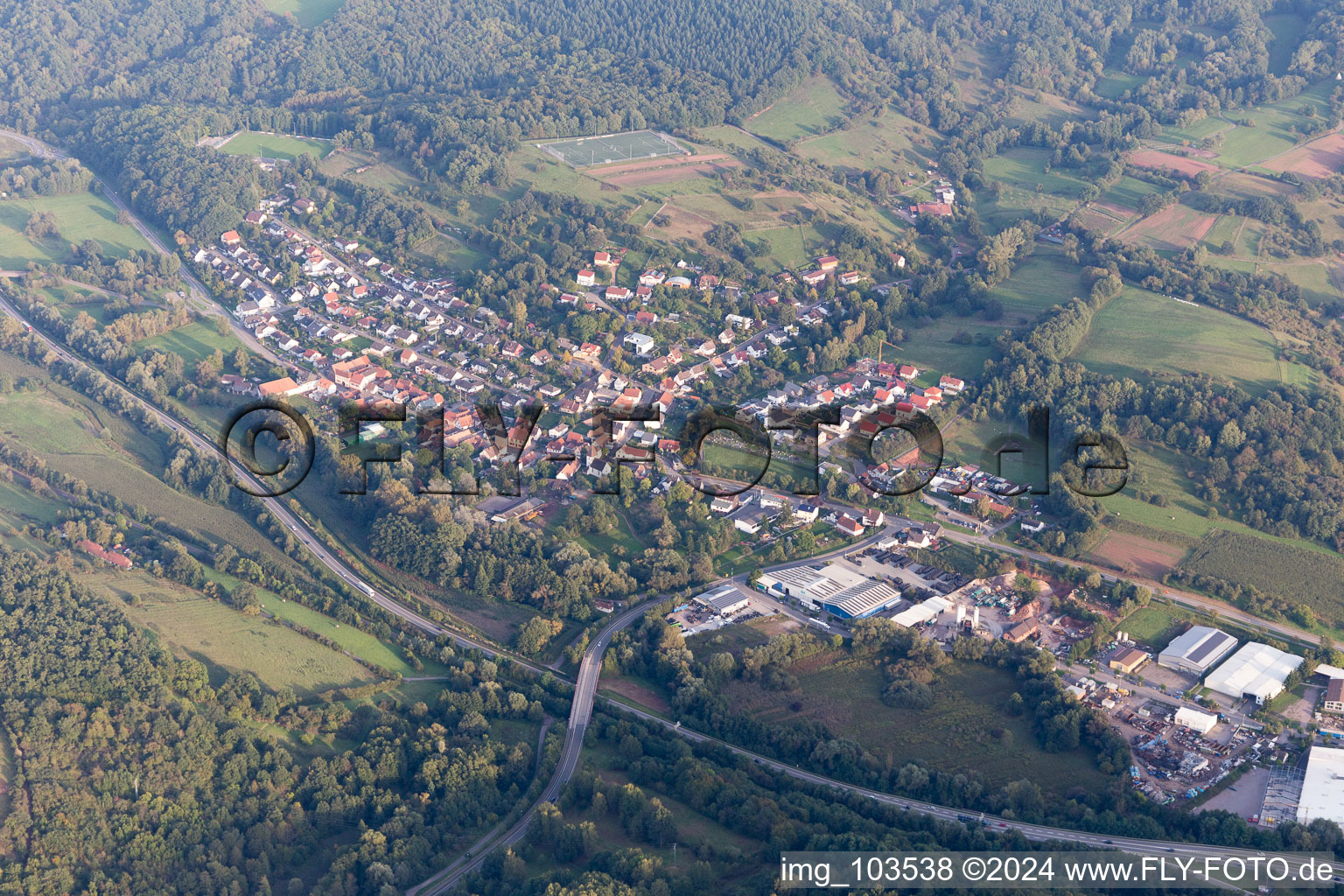 Oblique view of District Gräfenhausen in Annweiler am Trifels in the state Rhineland-Palatinate, Germany