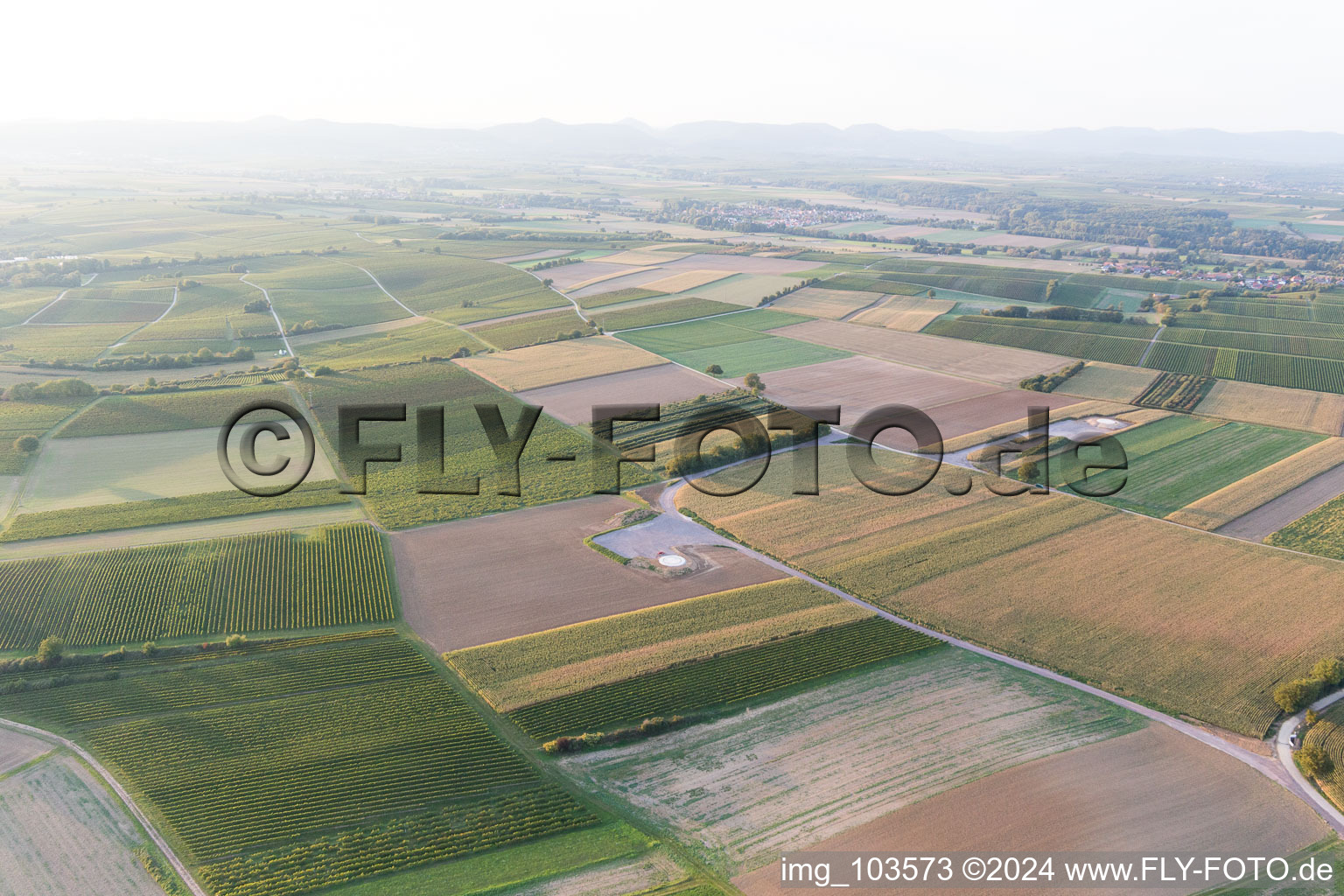 Construction site of the EnBW wind farm Freckenfeld - for wind energy plant with 6 wind turbines in Freckenfeld in the state Rhineland-Palatinate, Germany seen from above