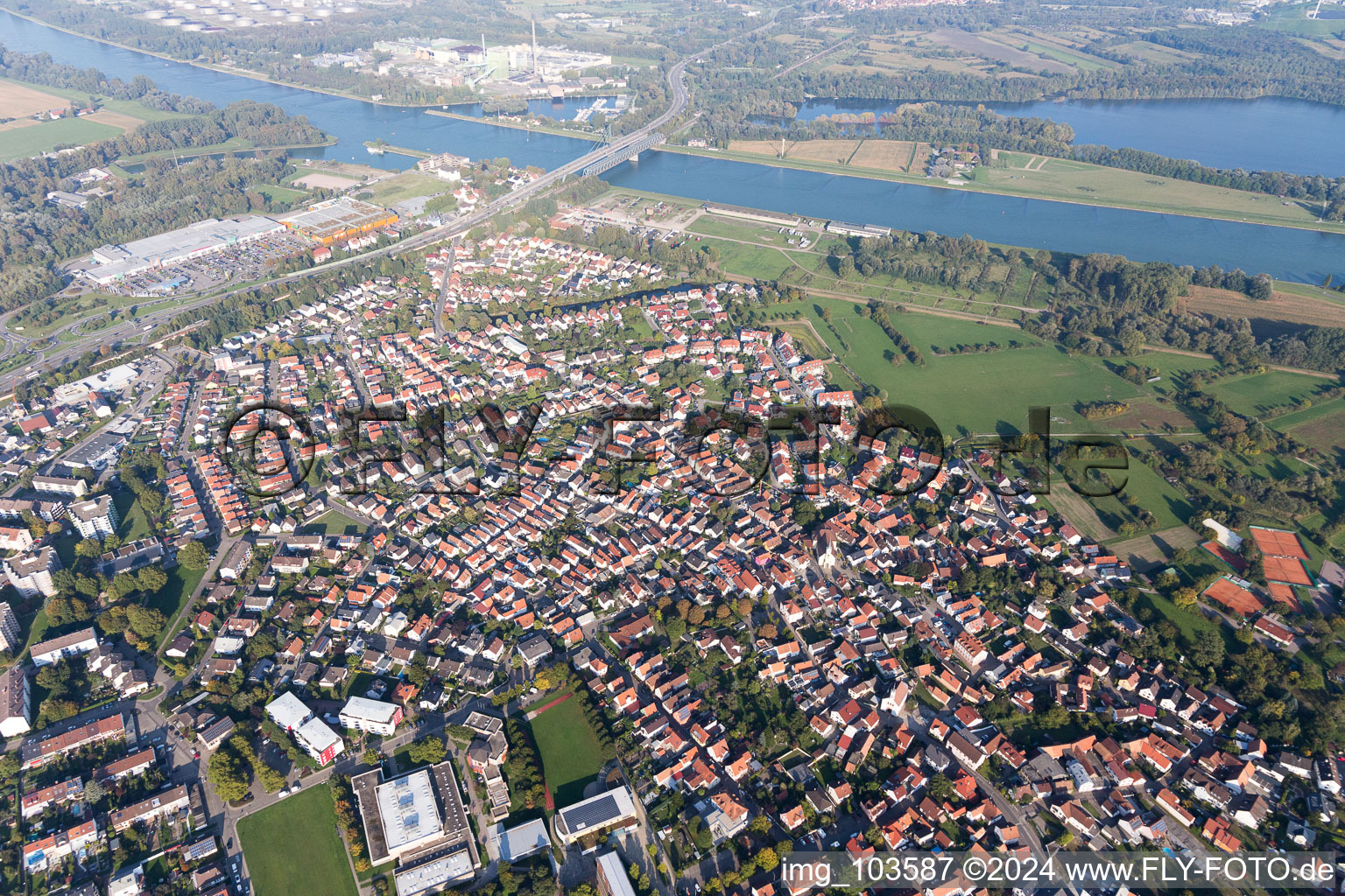 District Maximiliansau in Wörth am Rhein in the state Rhineland-Palatinate, Germany from the plane