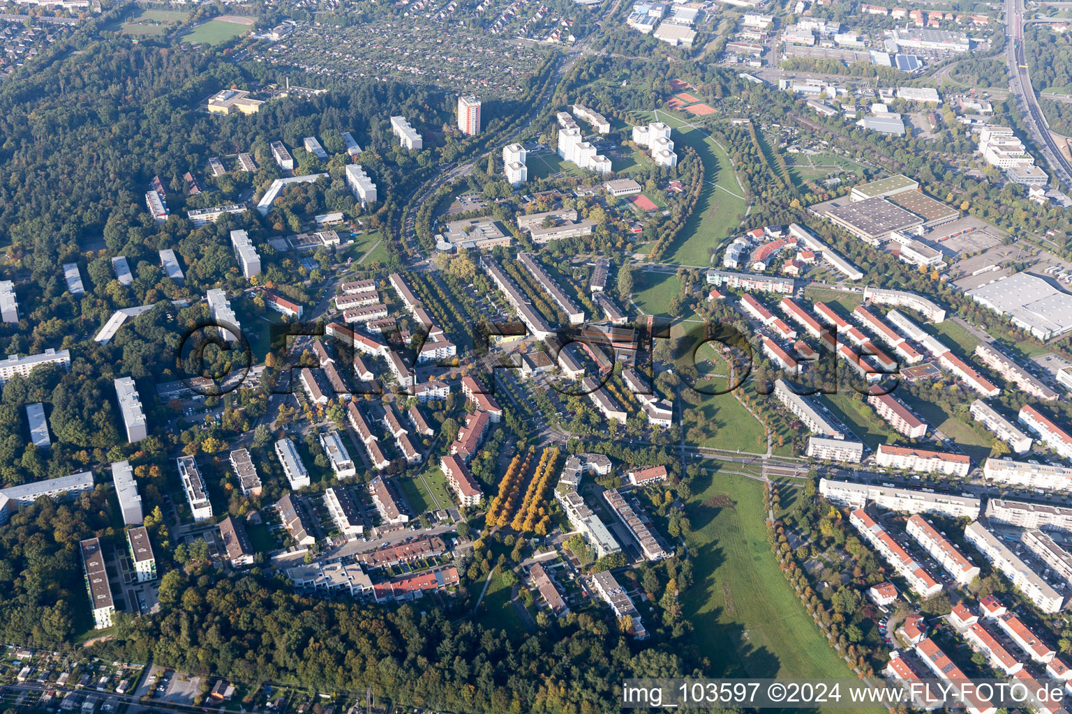 District Oberreut in Karlsruhe in the state Baden-Wuerttemberg, Germany from the plane