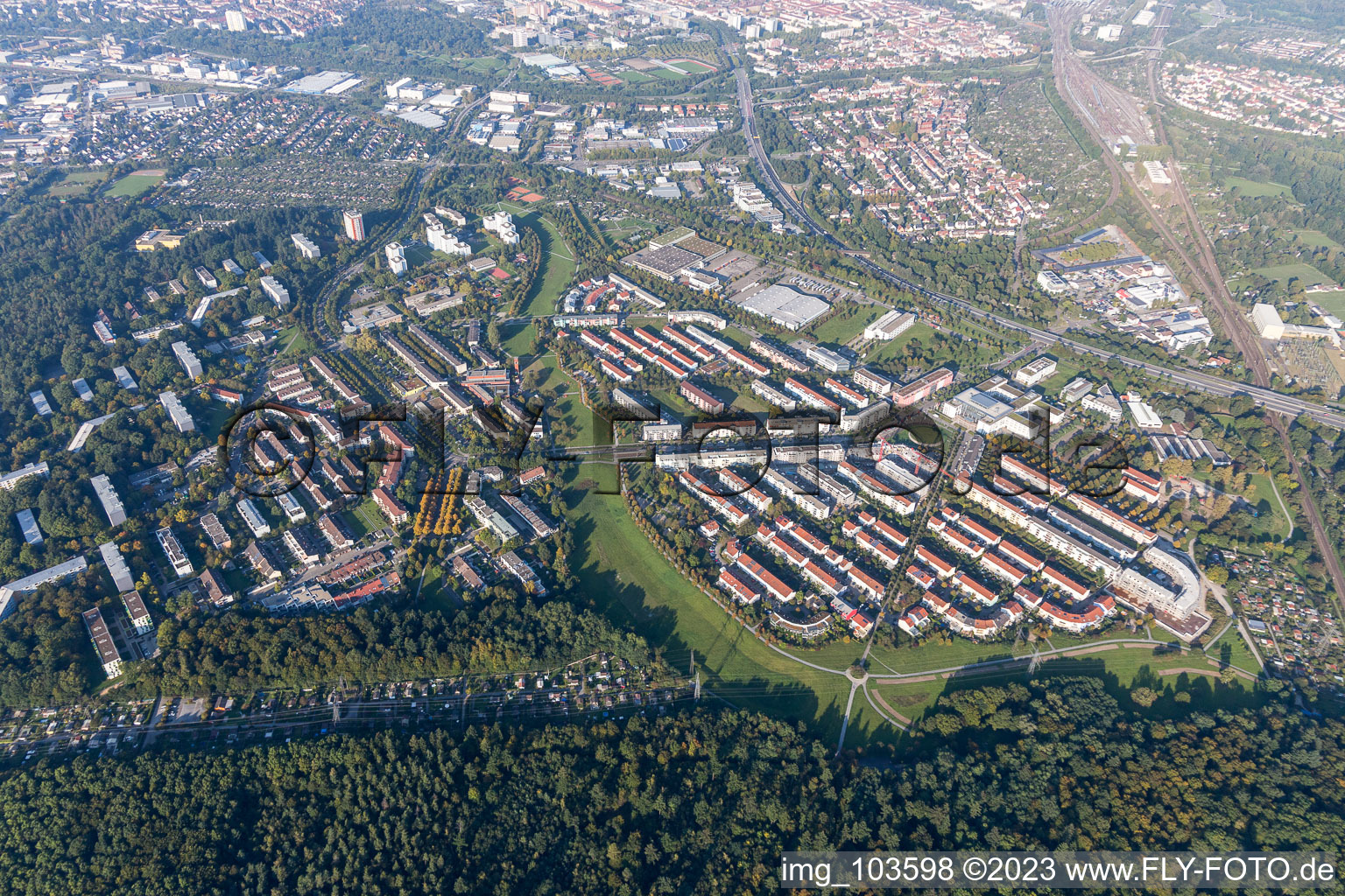 Bird's eye view of District Oberreut in Karlsruhe in the state Baden-Wuerttemberg, Germany