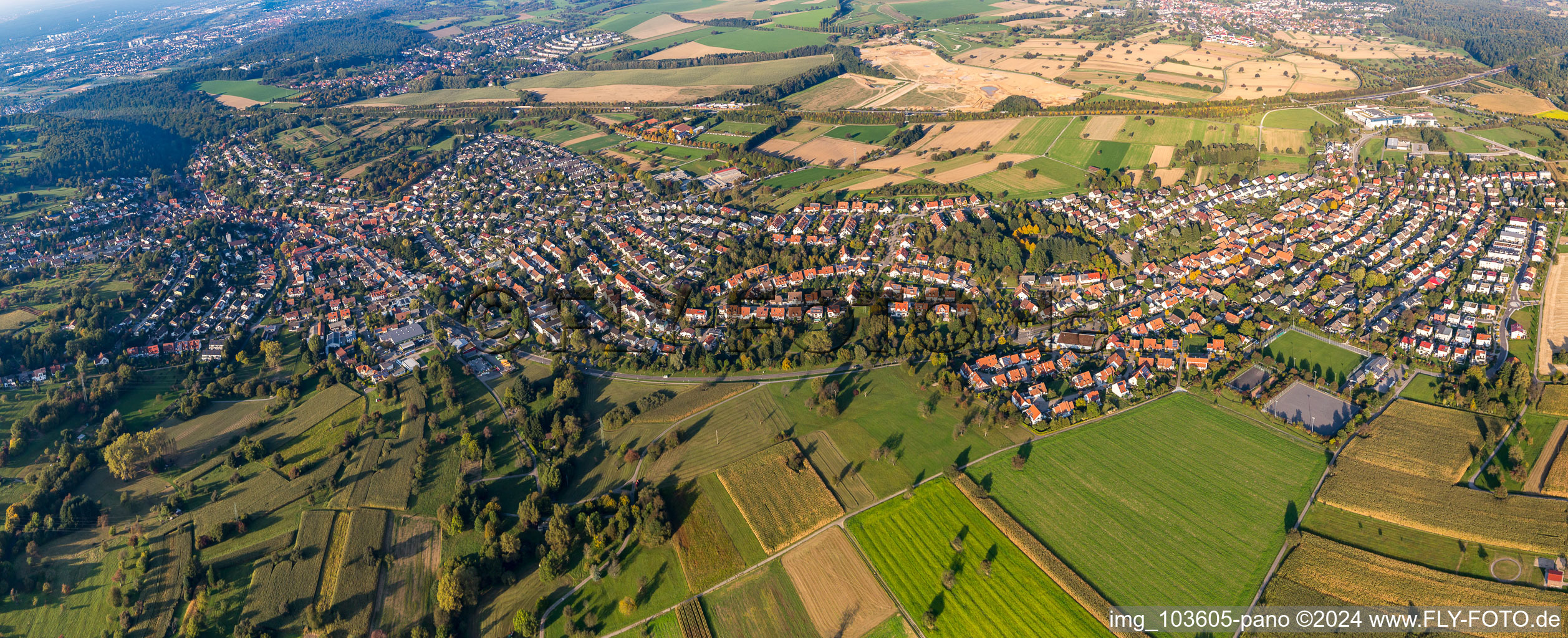 Panoramic perspective Town View of the streets and houses of the residential areas in the district Gruenwettersbach and Palmbach in Karlsruhe in the state Baden-Wurttemberg, Germany