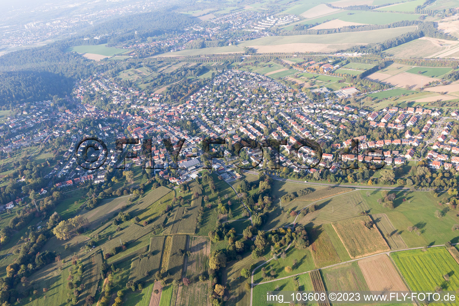 District Grünwettersbach in Karlsruhe in the state Baden-Wuerttemberg, Germany seen from a drone