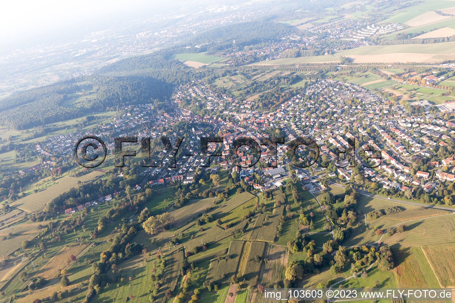 Aerial view of District Grünwettersbach in Karlsruhe in the state Baden-Wuerttemberg, Germany