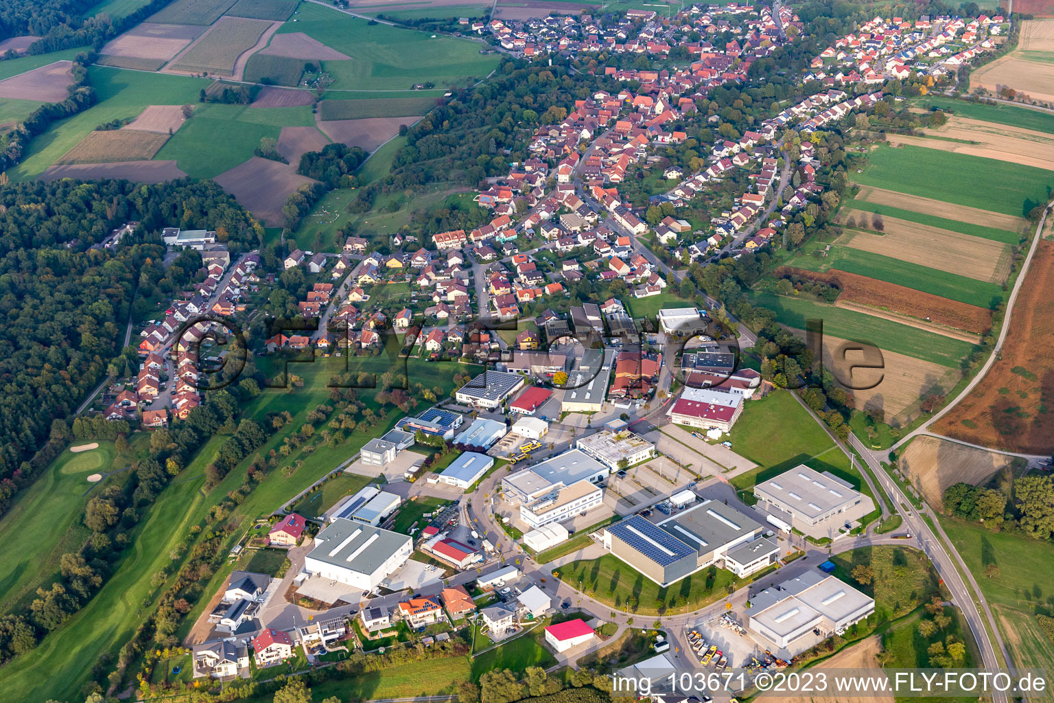 Aerial view of Otto-Hahn-Straße industrial area in the district Dürrn in Ölbronn-Dürrn in the state Baden-Wuerttemberg, Germany