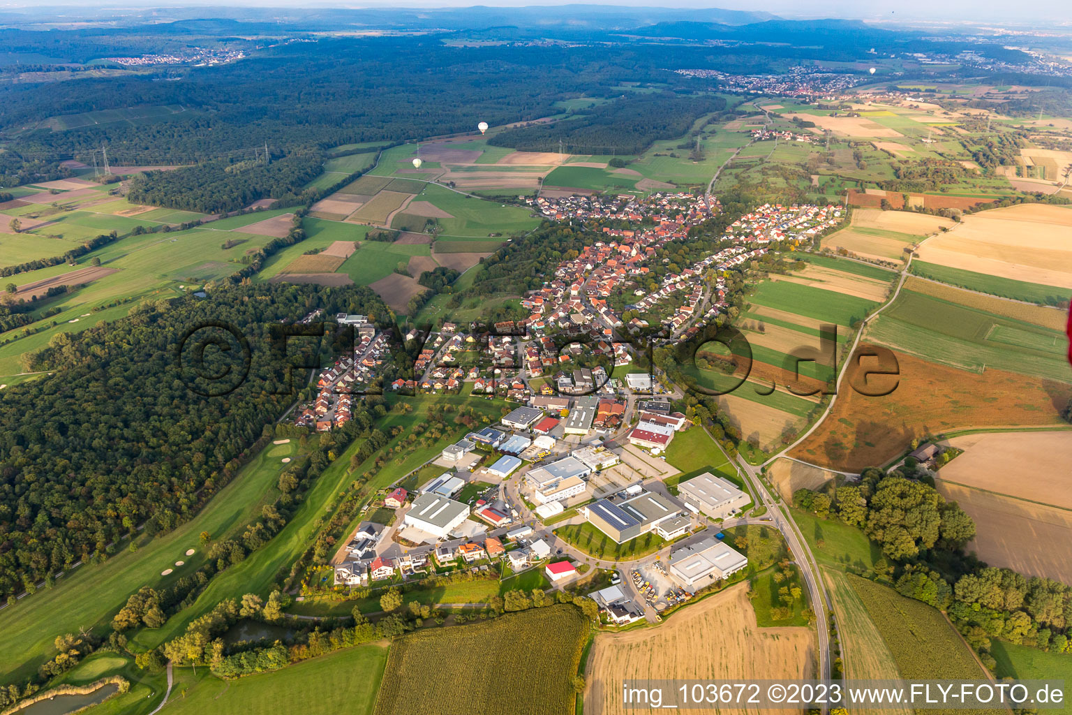 Aerial photograpy of Otto-Hahn-Straße industrial area in the district Dürrn in Ölbronn-Dürrn in the state Baden-Wuerttemberg, Germany