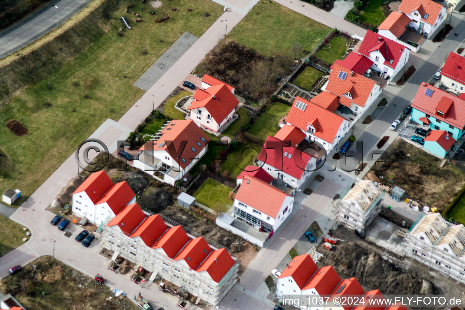 New development area in Wörth am Rhein in the state Rhineland-Palatinate, Germany from the plane