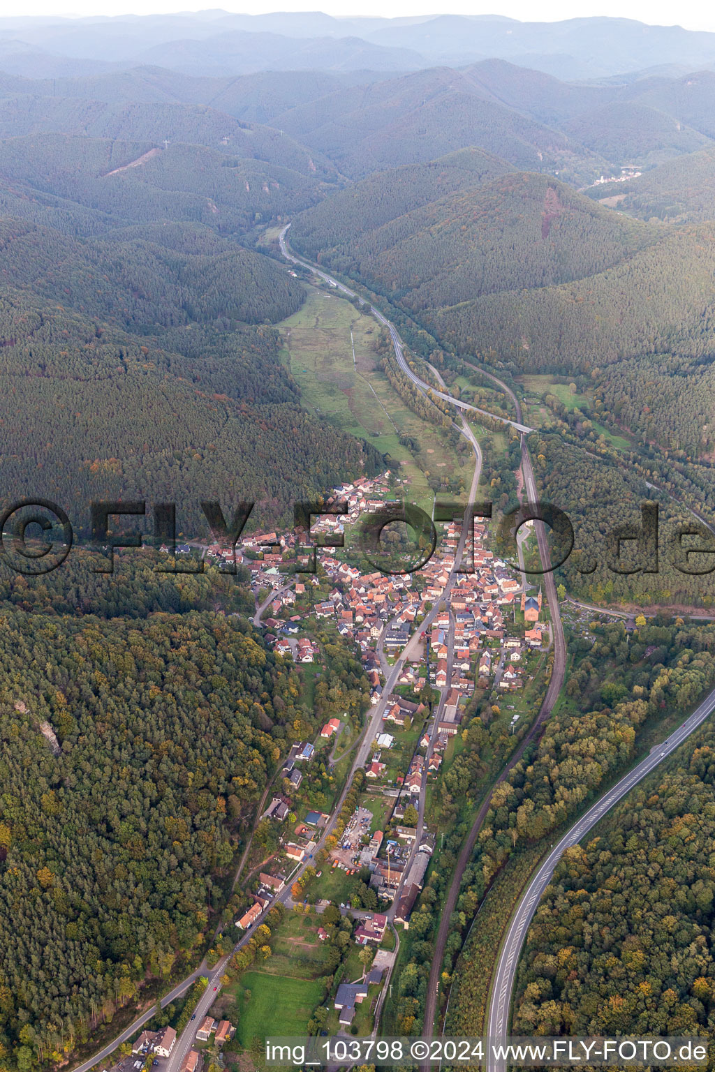 Village - view on the edge of agricultural fields and farmland in Wilgartswiesen in the state Rhineland-Palatinate, Germany