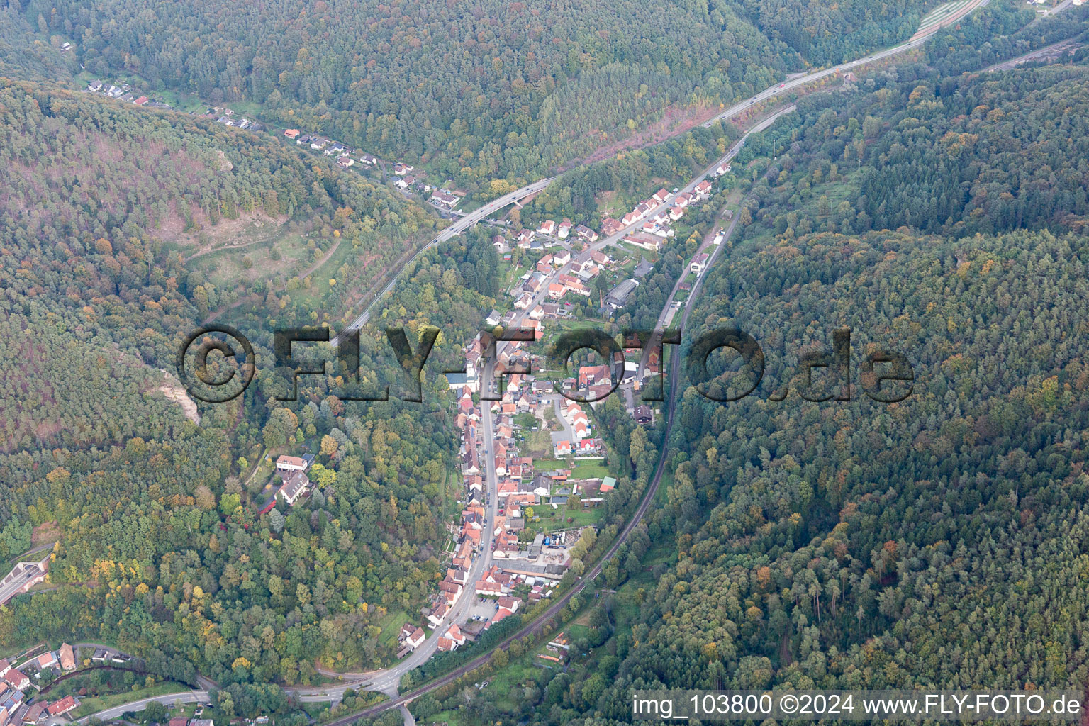 Drone image of Rinnthal in the state Rhineland-Palatinate, Germany