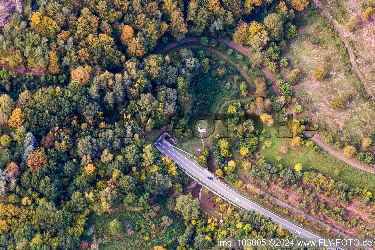 Aerial view of Entry and exit area of Tunnel of the B48 in Rinnthal in the state Rhineland-Palatinate, Germany