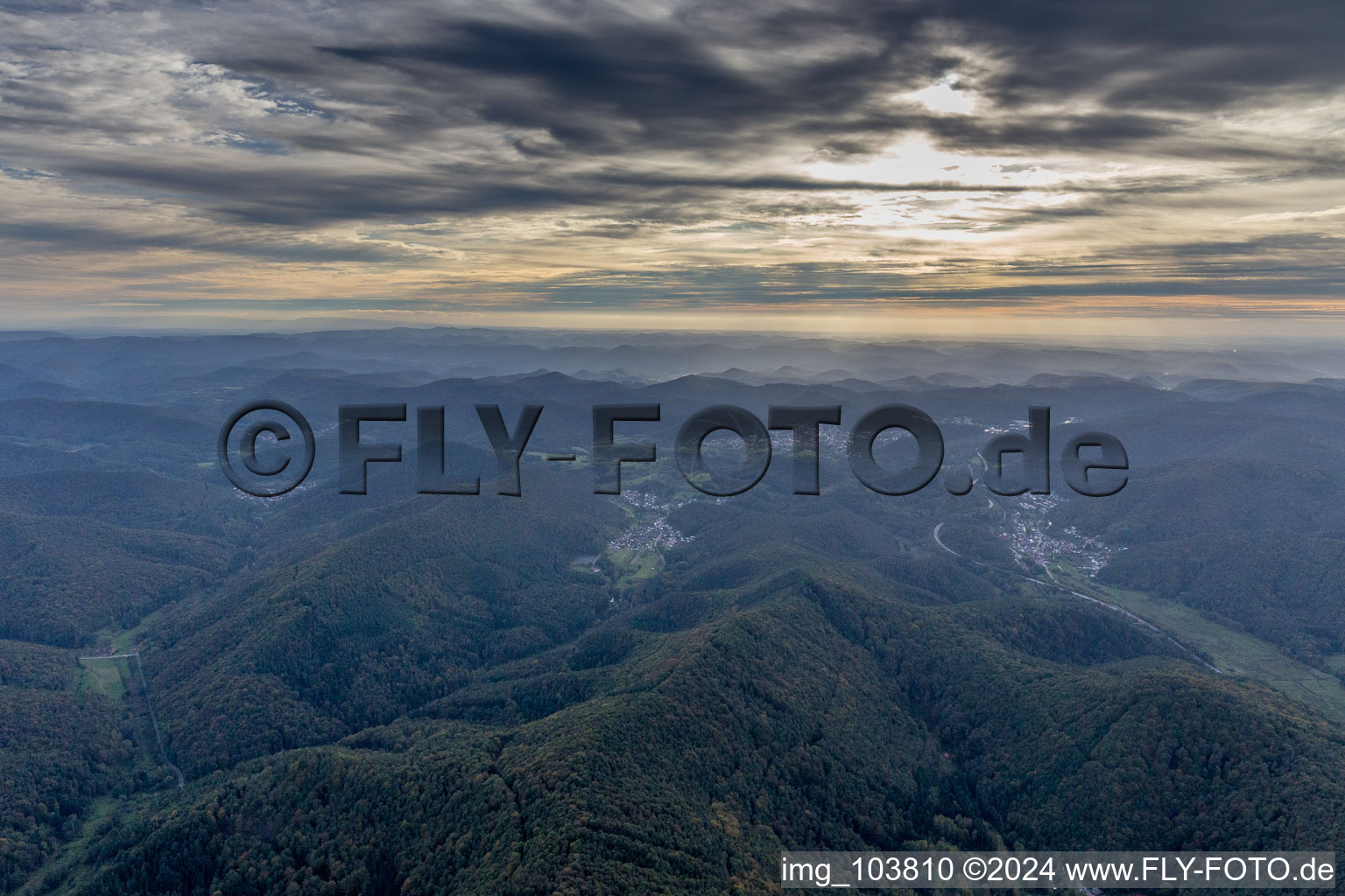 Forest and mountain scenery of Pfaelzerwalds at sunset in Wilgartswiesen in the state Rhineland-Palatinate, Germany