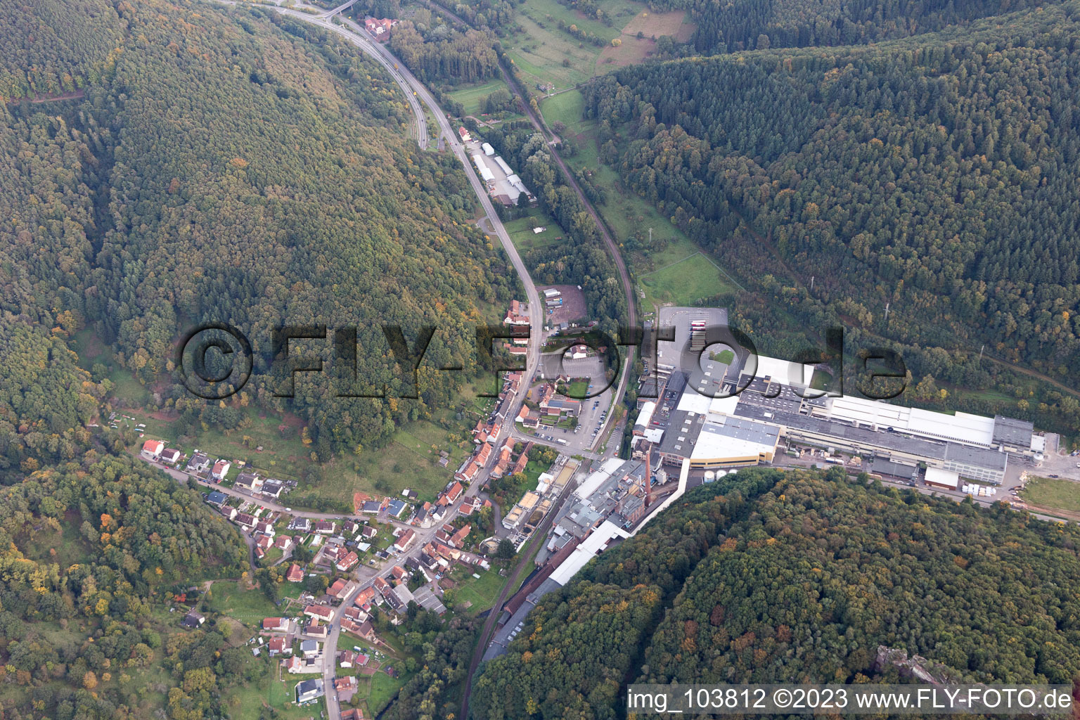 Aerial photograpy of Building and production halls on the premises of Kartonfabrik Buchmann GmbH in the district Sarnstall in Annweiler am Trifels in the state Rhineland-Palatinate, Germany