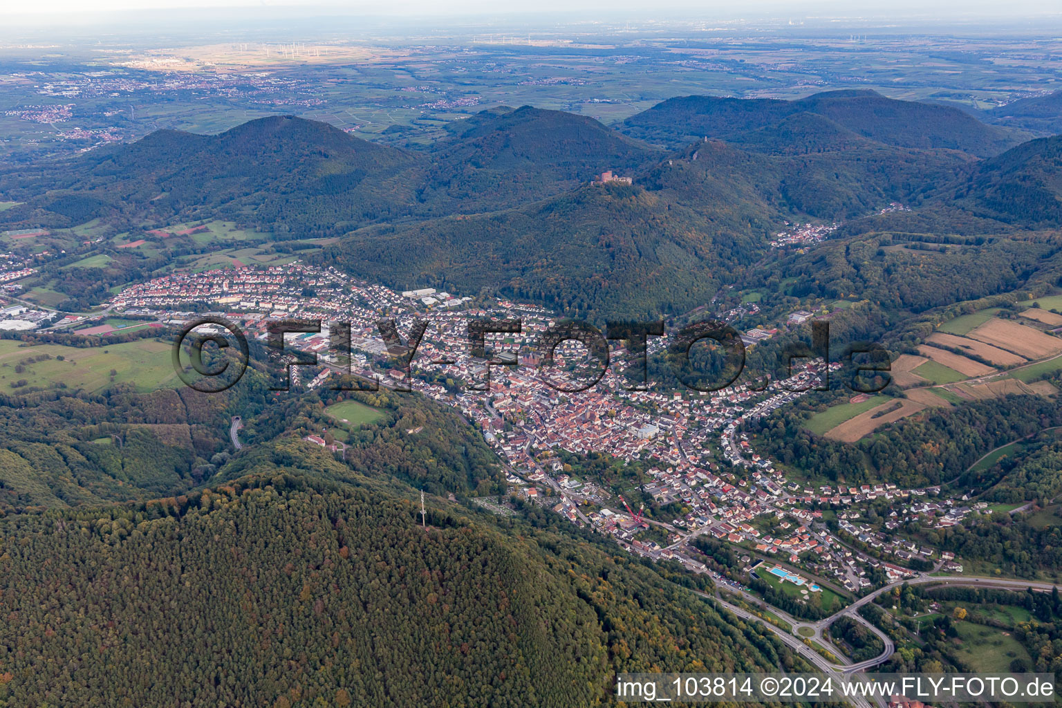 Annweiler am Trifels in the state Rhineland-Palatinate, Germany seen from above