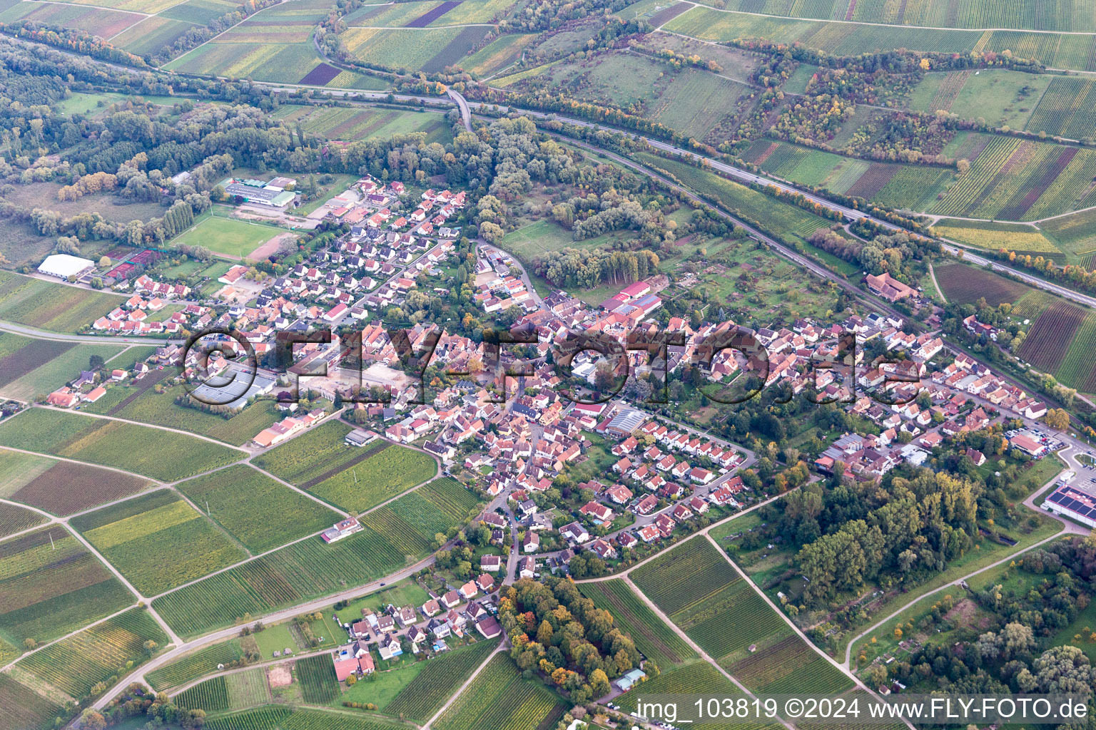 Siebeldingen in the state Rhineland-Palatinate, Germany from the plane