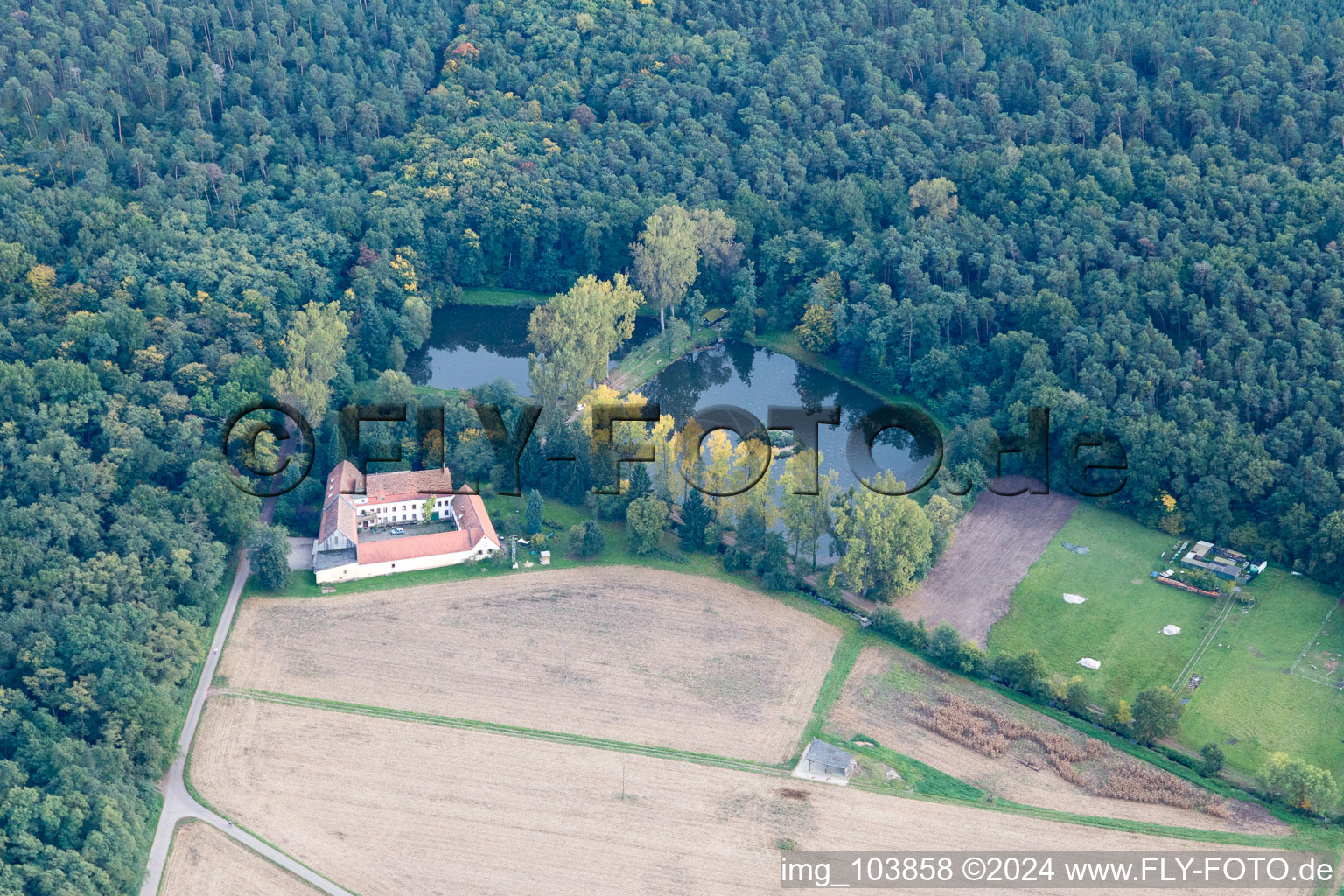 Aerial view of Lachenmühle in Lustadt in the state Rhineland-Palatinate, Germany