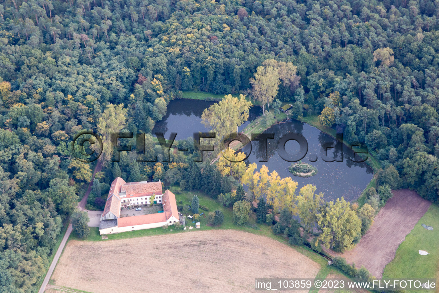 Aerial photograpy of Lachenmühle in Lustadt in the state Rhineland-Palatinate, Germany