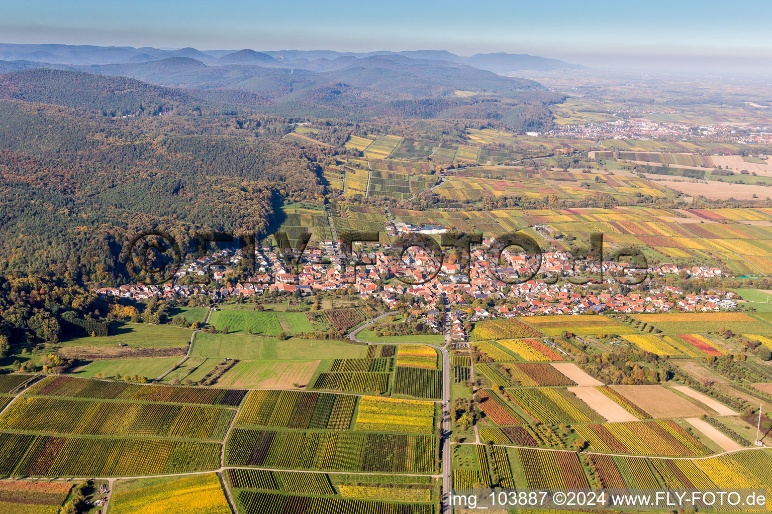 Aerial photograpy of Town View of the streets and houses of the residential areas in Oberotterbach in the state Rhineland-Palatinate, Germany
