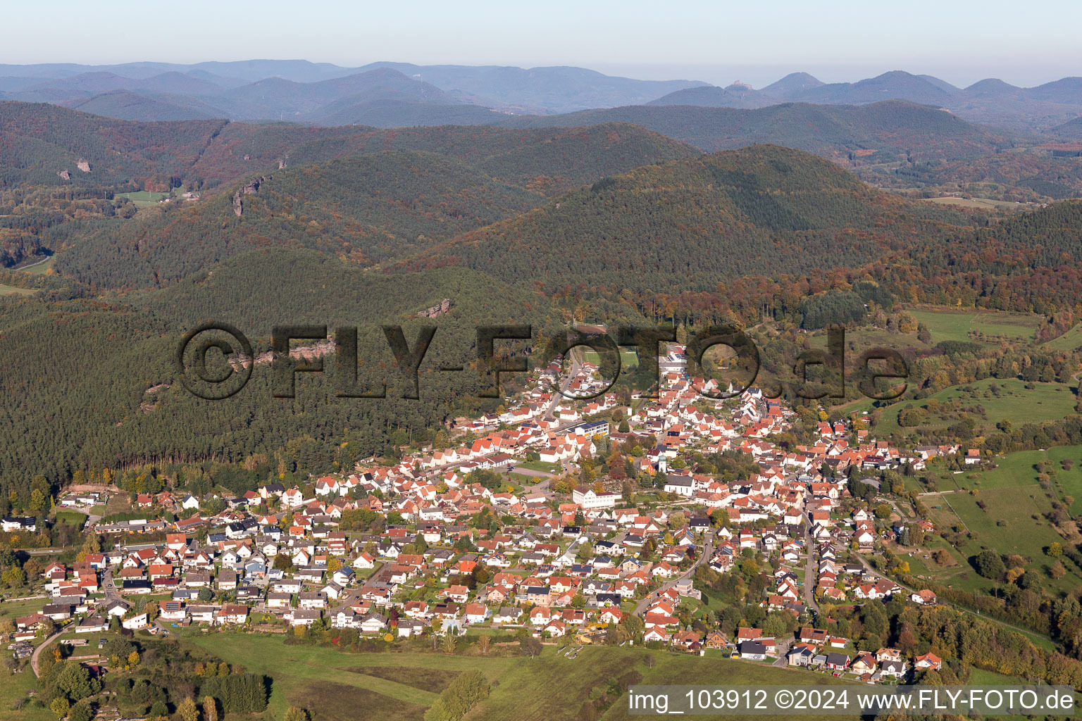 Aerial view of Busenberg in the state Rhineland-Palatinate, Germany