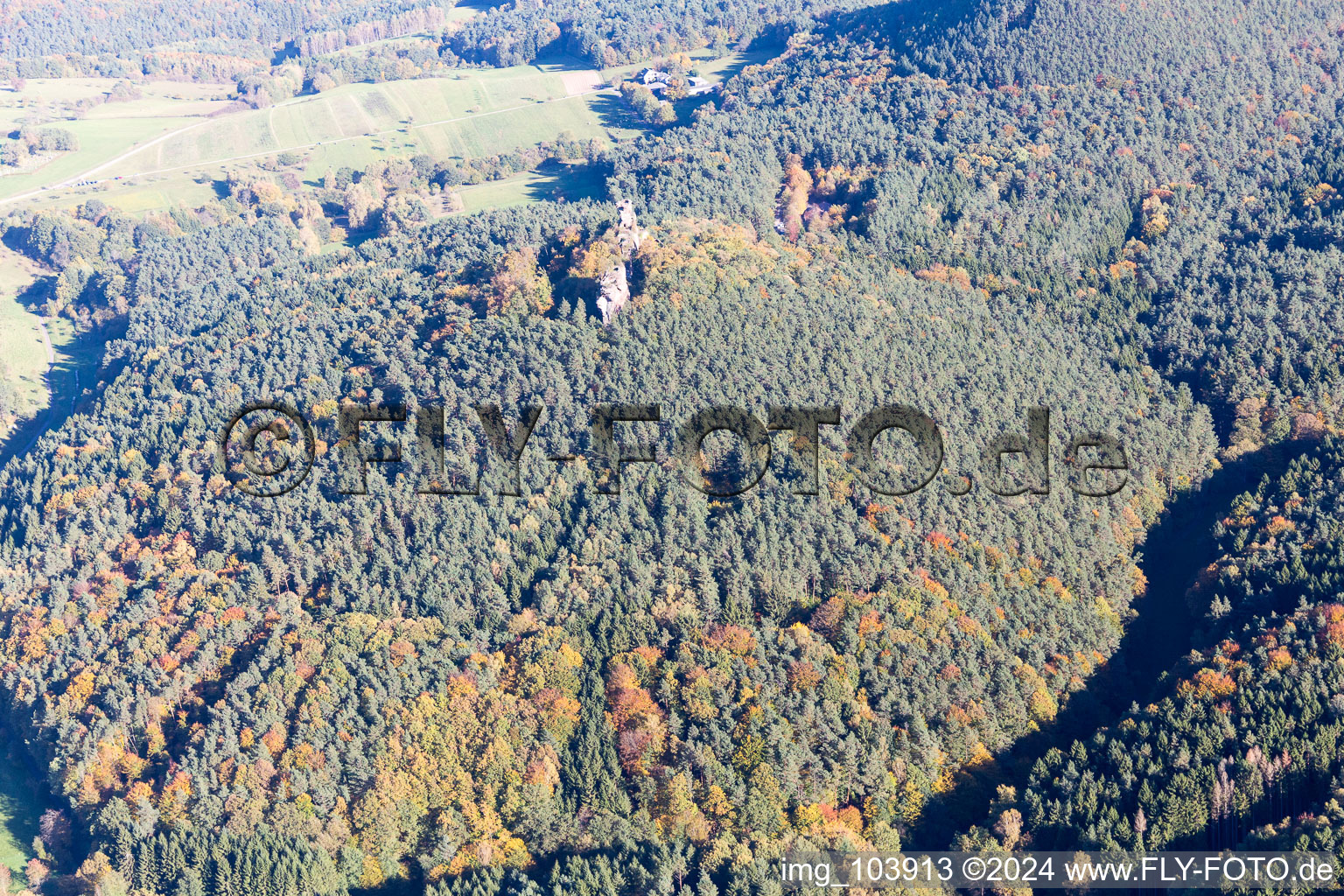 Aerial view of Drachenfels Castle Ruins in Busenberg in the state Rhineland-Palatinate, Germany