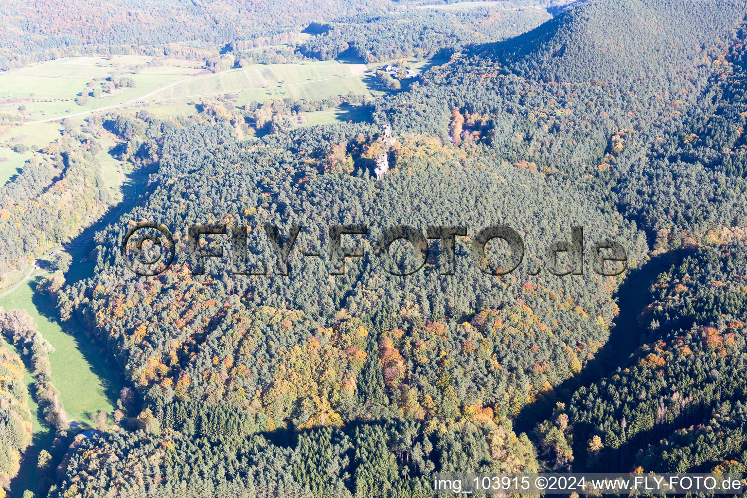 Aerial photograpy of Drachenfels Castle Ruins in Busenberg in the state Rhineland-Palatinate, Germany