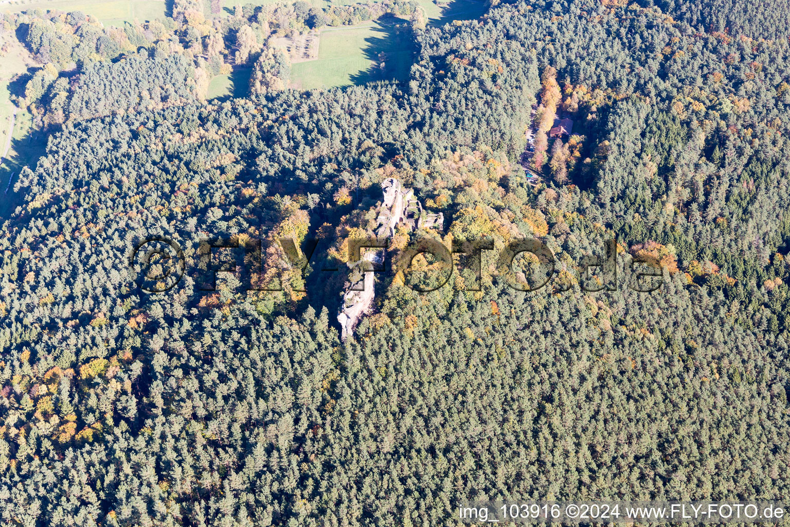 Oblique view of Drachenfels Castle Ruins in Busenberg in the state Rhineland-Palatinate, Germany