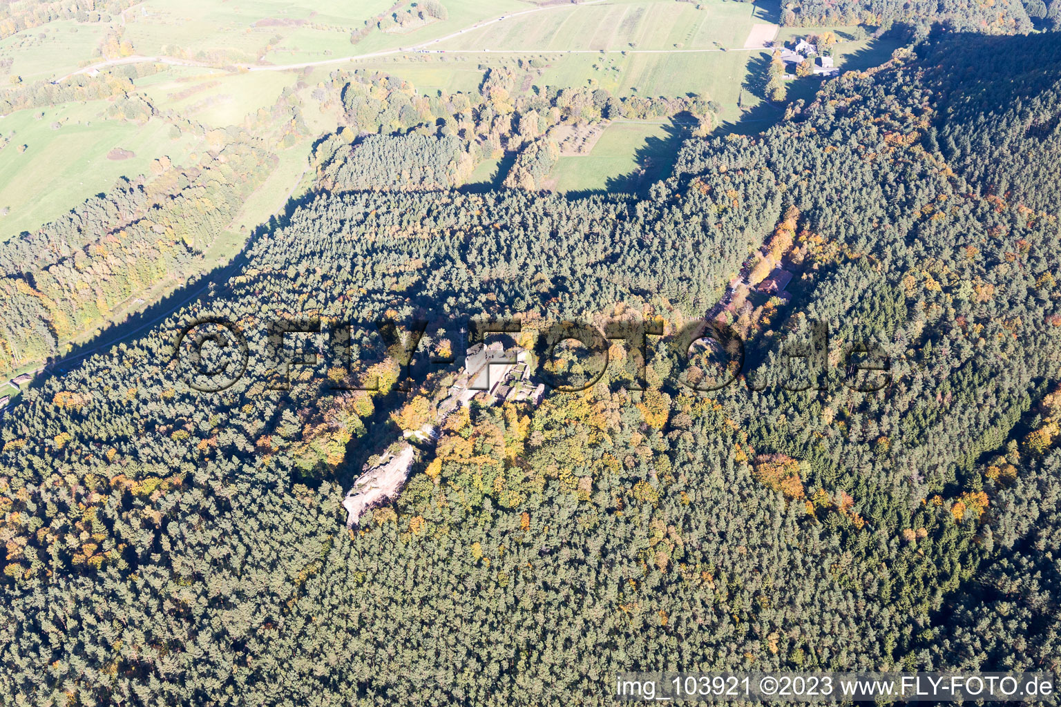 Drachenfels castle ruins in Busenberg in the state Rhineland-Palatinate, Germany out of the air