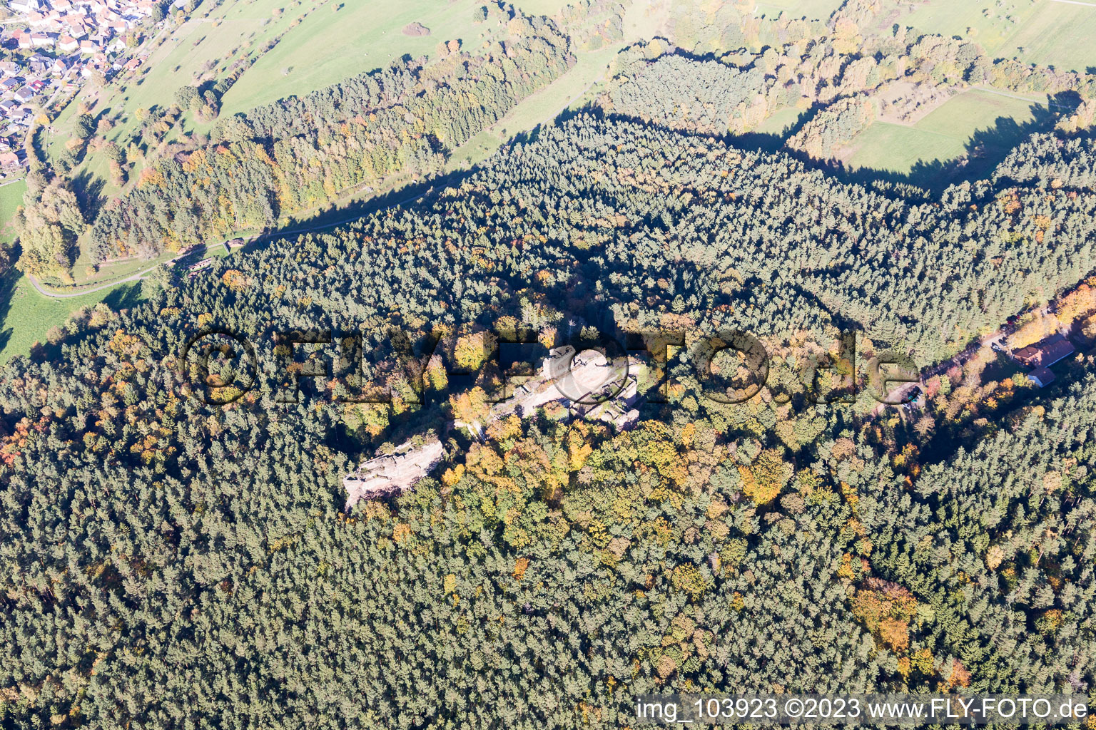 Drachenfels castle ruins in Busenberg in the state Rhineland-Palatinate, Germany seen from above