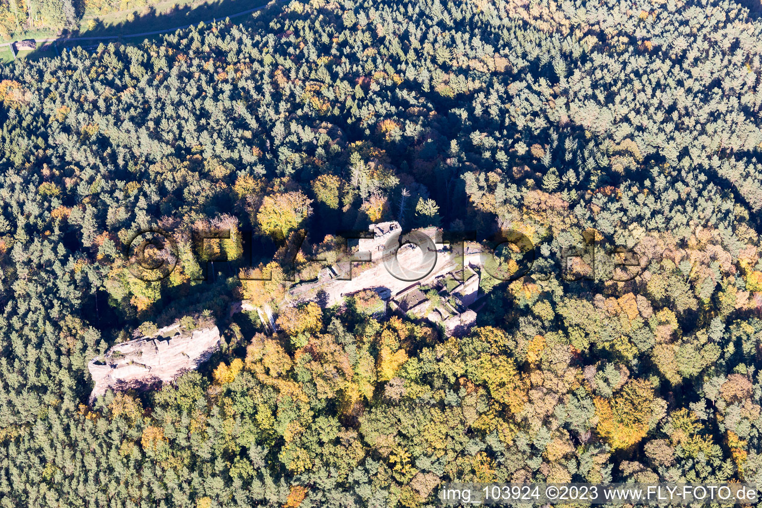 Drachenfels castle ruins in Busenberg in the state Rhineland-Palatinate, Germany from the plane