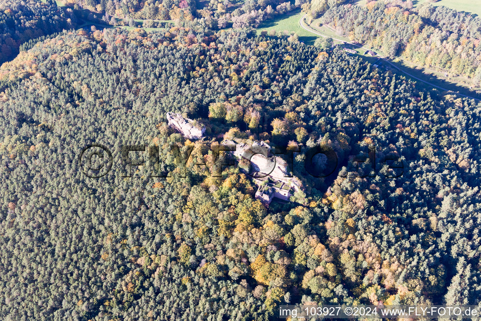 Bird's eye view of Drachenfels Castle Ruins in Busenberg in the state Rhineland-Palatinate, Germany