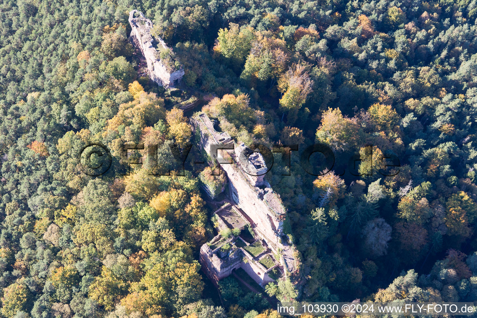 Drone recording of Drachenfels Castle Ruins in Busenberg in the state Rhineland-Palatinate, Germany