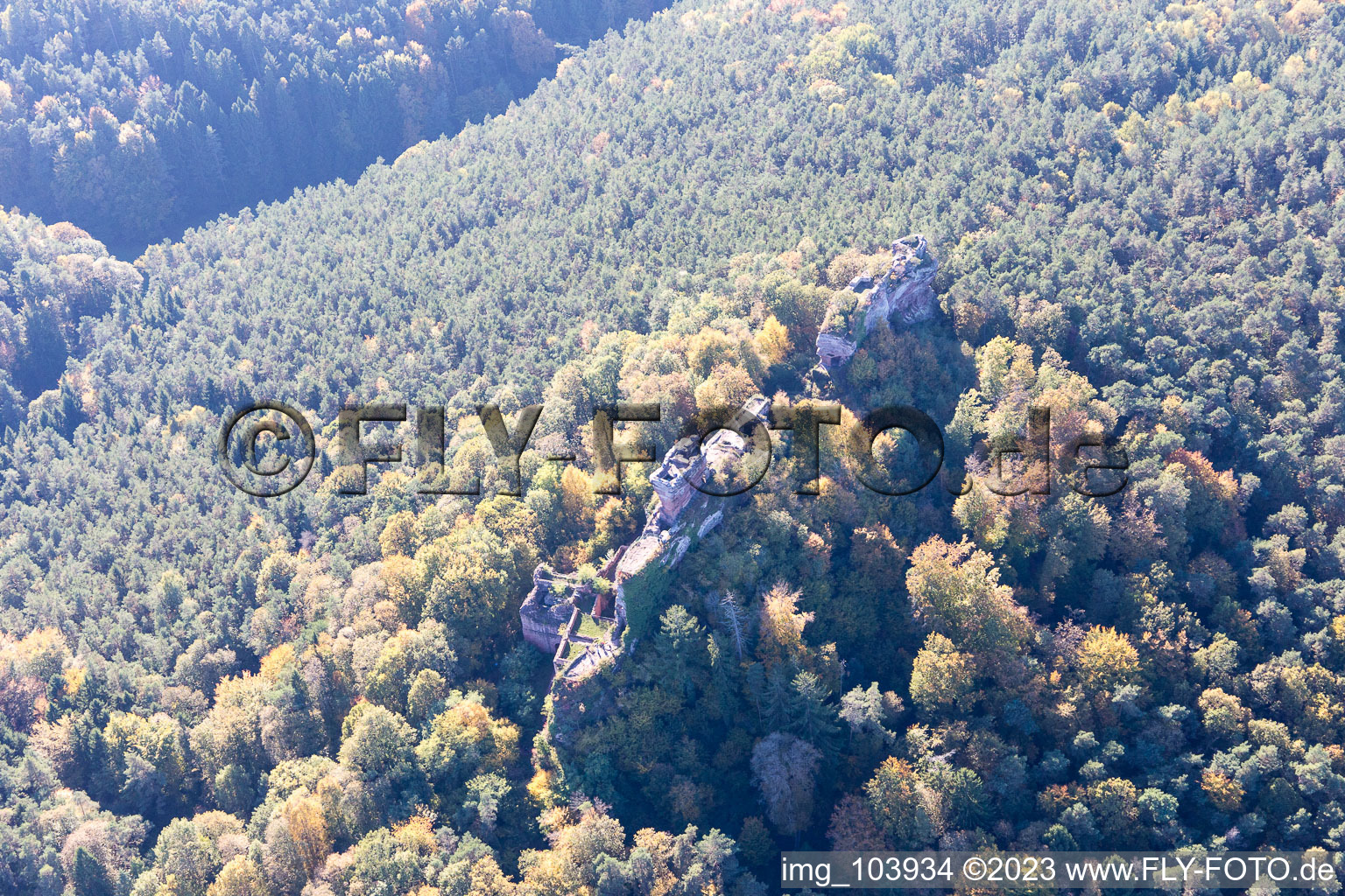 Drone image of Drachenfels castle ruins in Busenberg in the state Rhineland-Palatinate, Germany