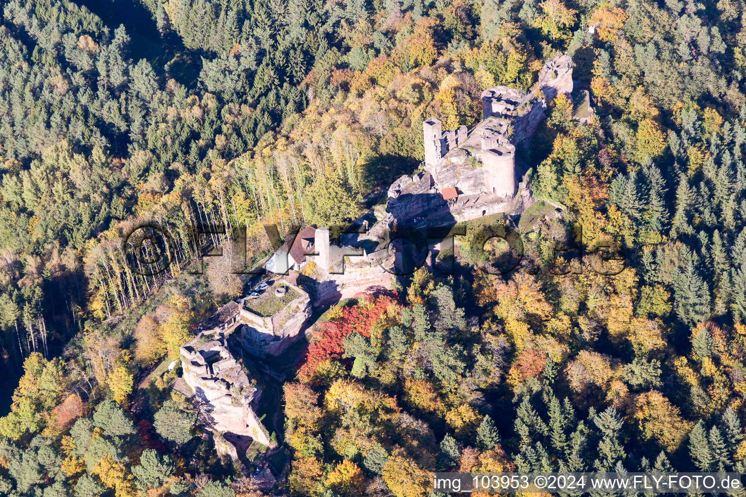 Aerial photograpy of Altdahn and Neudahn Castles in Dahn in the state Rhineland-Palatinate, Germany