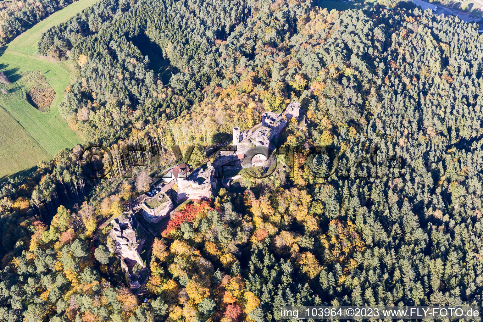 Altdahn and Neudahn castles in Dahn in the state Rhineland-Palatinate, Germany from above