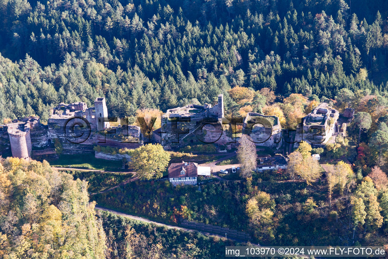 Altdahn and Neudahn Castles in Dahn in the state Rhineland-Palatinate, Germany seen from above