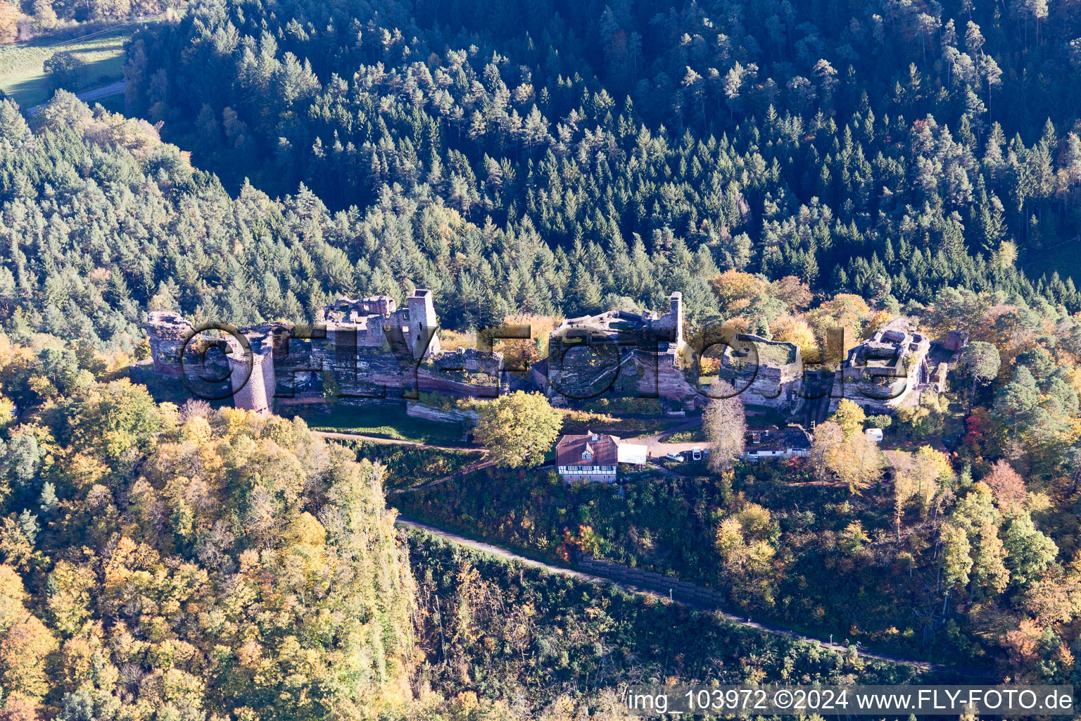 Altdahn and Neudahn Castles in Dahn in the state Rhineland-Palatinate, Germany from the plane