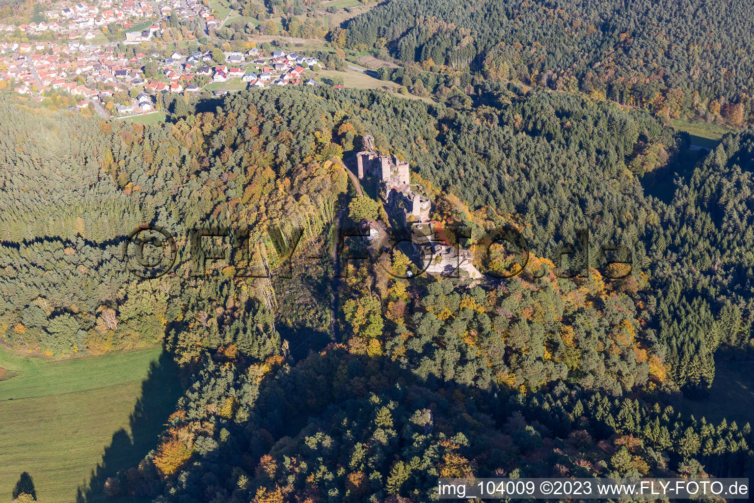 Dahn in the state Rhineland-Palatinate, Germany seen from above