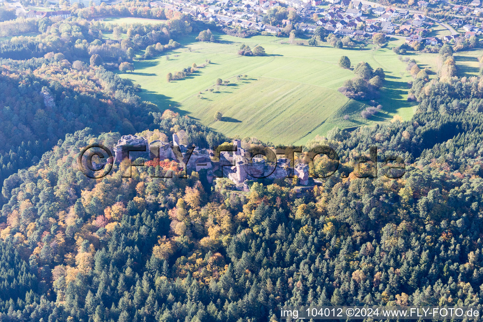 Ruin Old-Dahn in Dahn in the state Rhineland-Palatinate, Germany from above