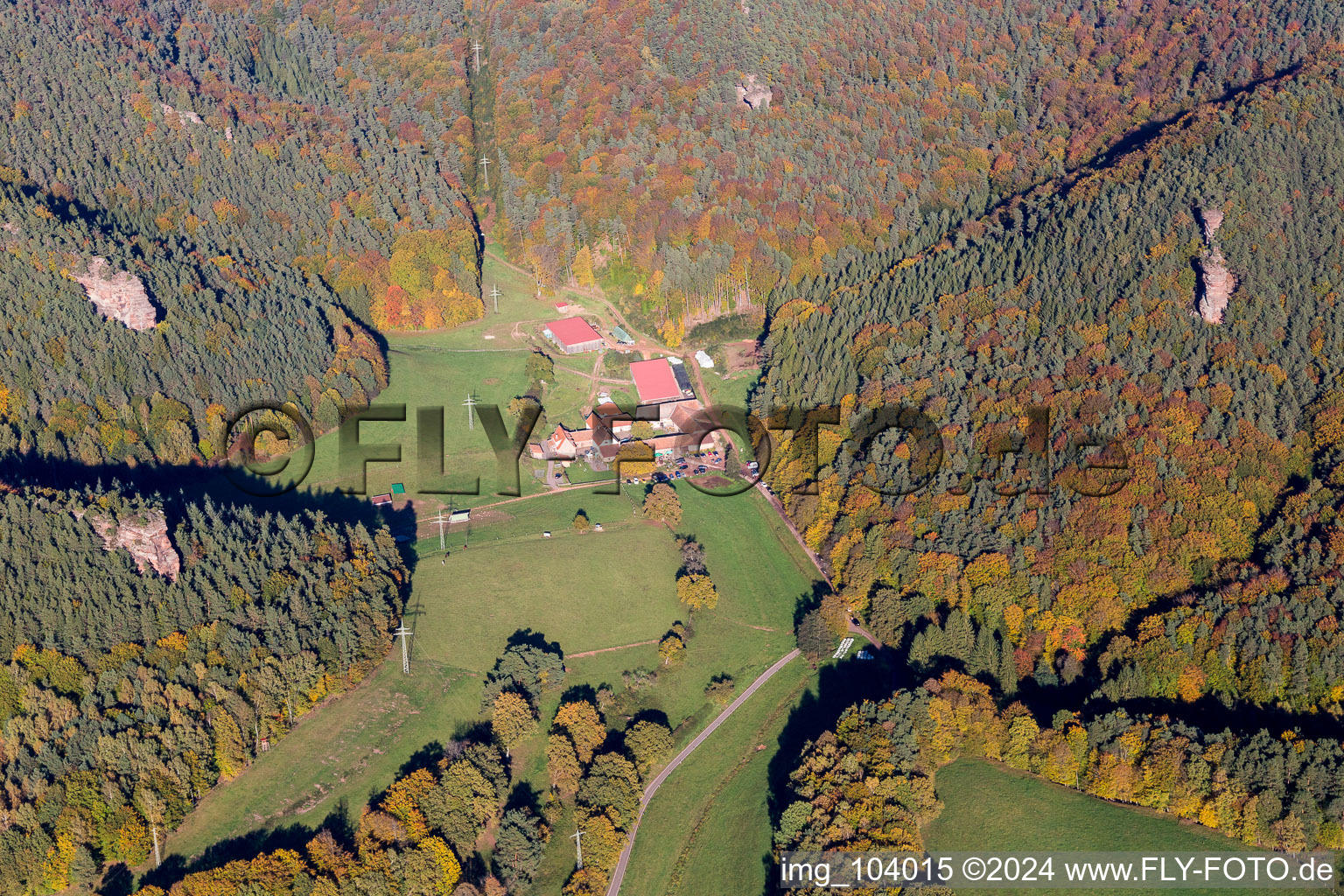 Aerial view of Bärenbrunnerhof in Busenberg in the state Rhineland-Palatinate, Germany