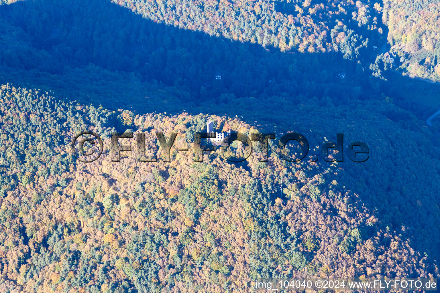 Aerial view of Ramburg Castle Ruins in Ramberg in the state Rhineland-Palatinate, Germany